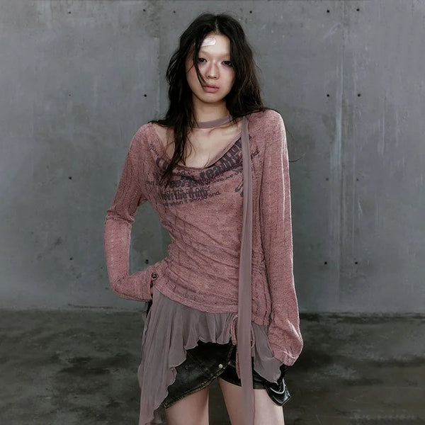 Aged Grit-Style Aesthetic Knitted Spliced T-Shirt