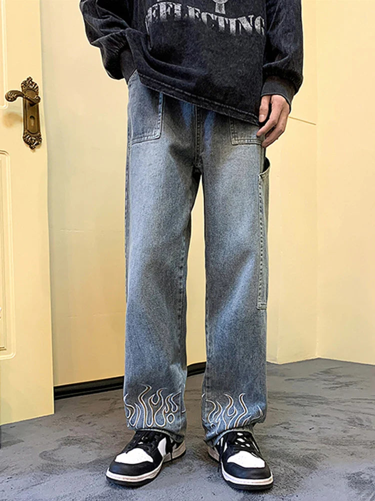 Flame Printed Relaxed Bell Leg Denim