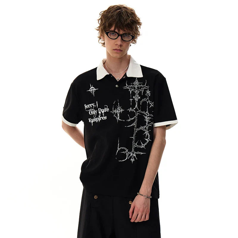 Polished Color Contrast Splicing Illustrated Collar-Knit T-Shirt
