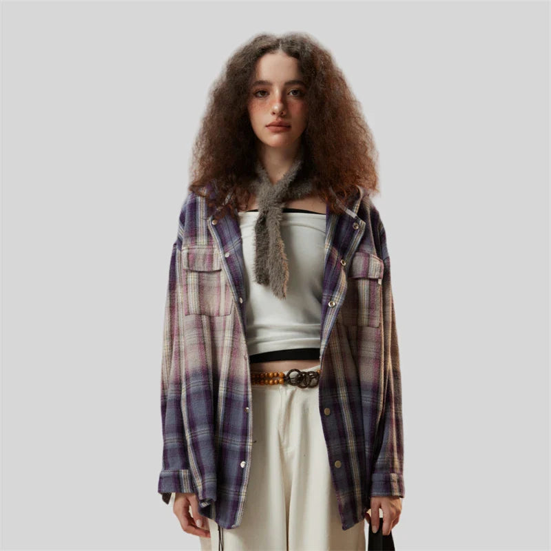 Premium Plaid Hood Oversized Blouse