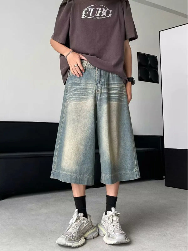Western Men Style Heritage Seoul Style Wide Leg Denim Shorts
