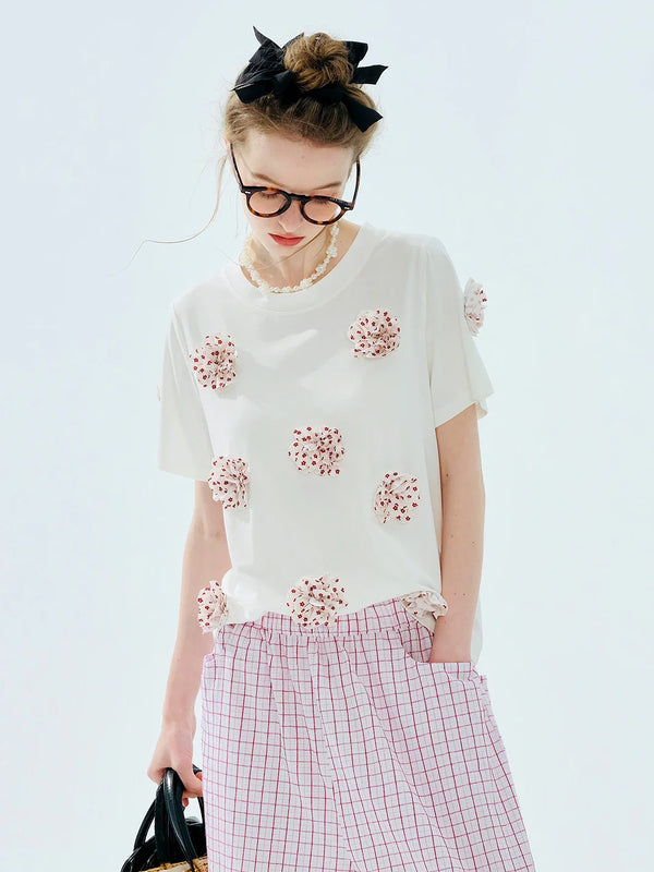 Sleeve Short Applique Floral White Soft T-Shirt