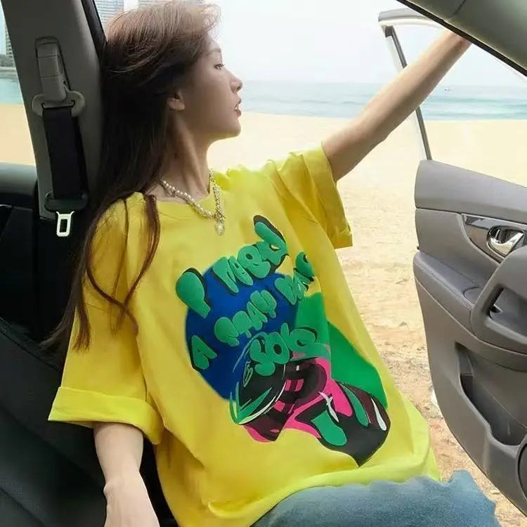 Sarı Pamuklu Sokak Stili Tişört, önden görünüm — Navra Wear