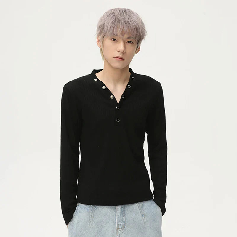 V-Neck Knit Button Long Sleeve Tee
