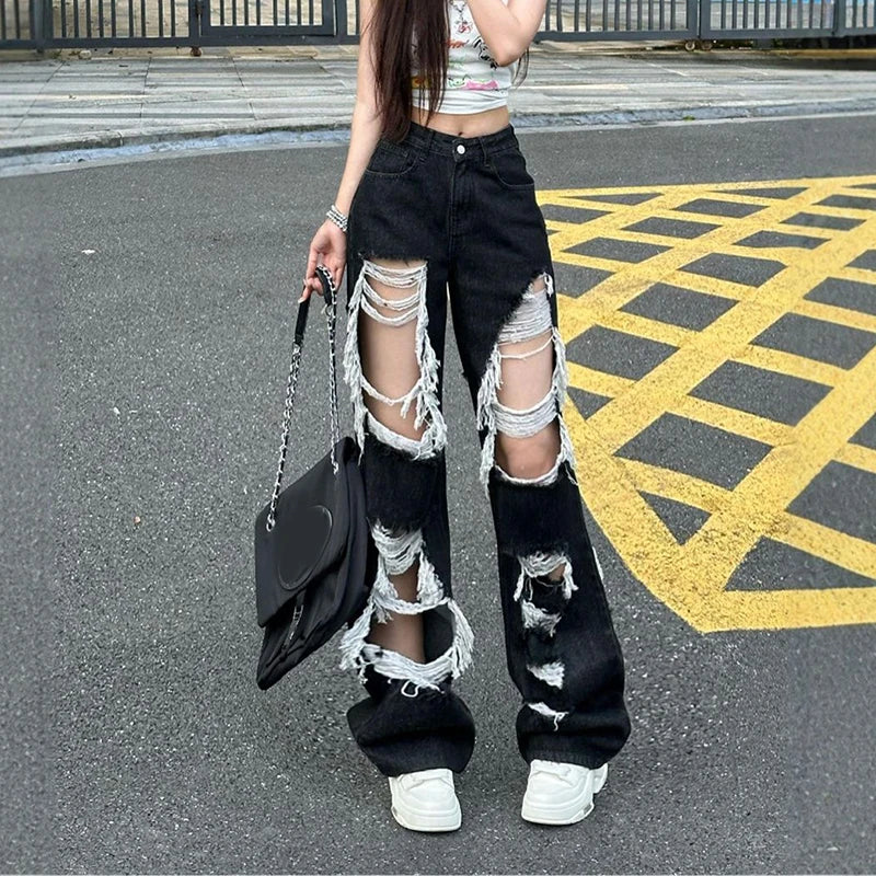 Elevated High-Rise Torn Dark Denim