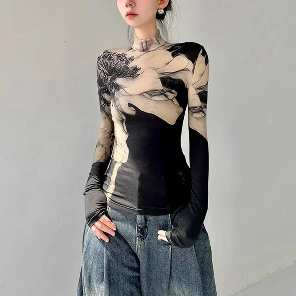Chic Mosaic High Neck Slim T-Shirt