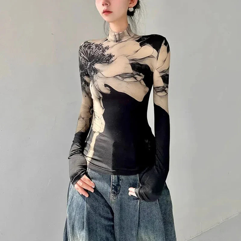 Chic Mosaic High Neck Slim T-Shirt