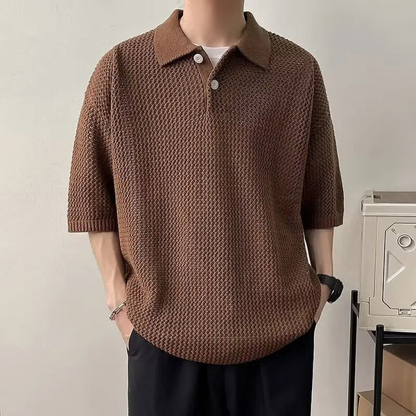 Heritage Mesh-Flow Block-Color Color Knitted Placket-Neck T-Shirt