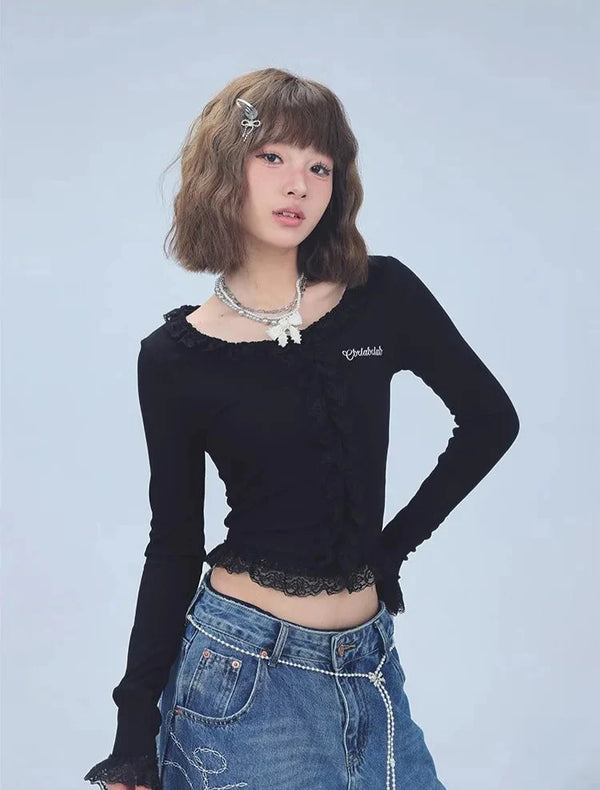Trim Lace Spicy Women Long Sleeve T-Shirt