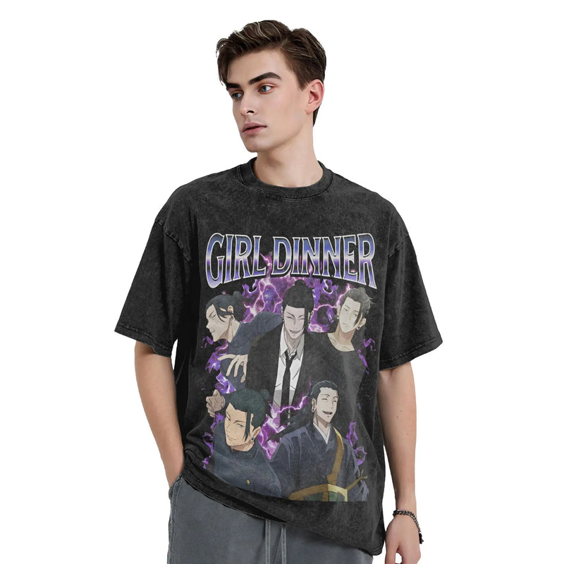 Cel-Shaded Girl Dinner Print Faded-Wash T-Shirt