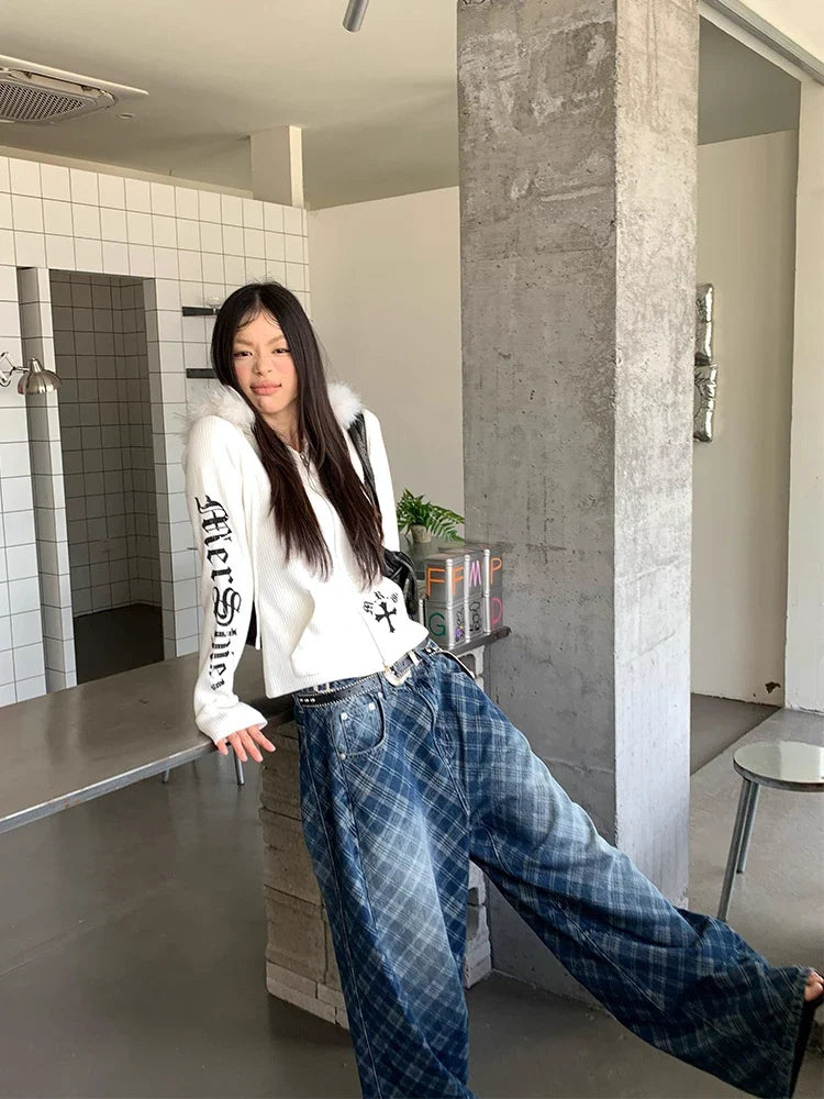 Blue Oversized Letter Print Bell Leg Denim