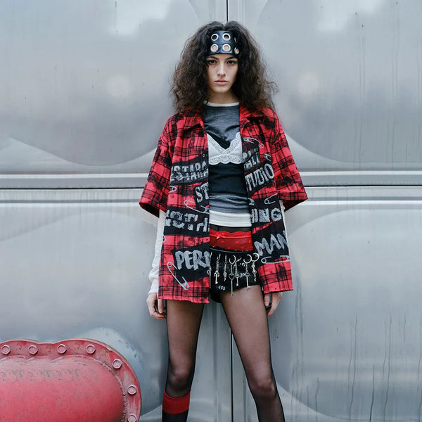 Gothic Red Plaid Sturdy Short Shirt