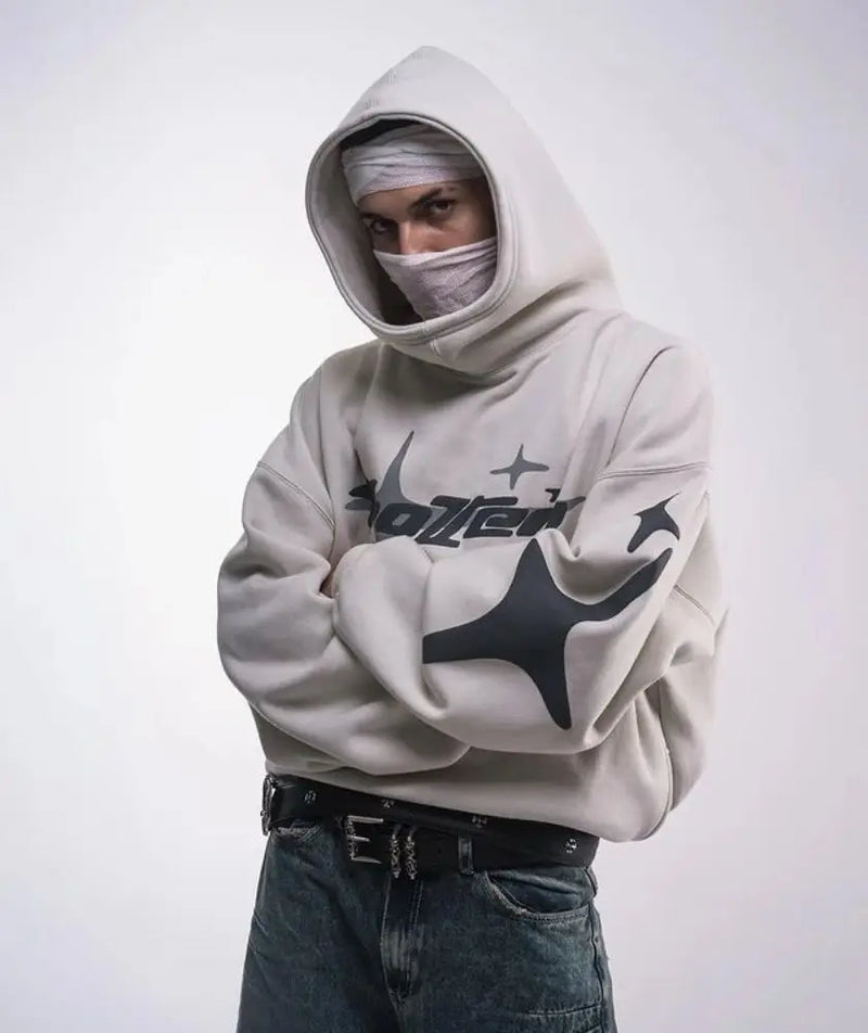 Model wearing the gray Galactic Flux Hoodie