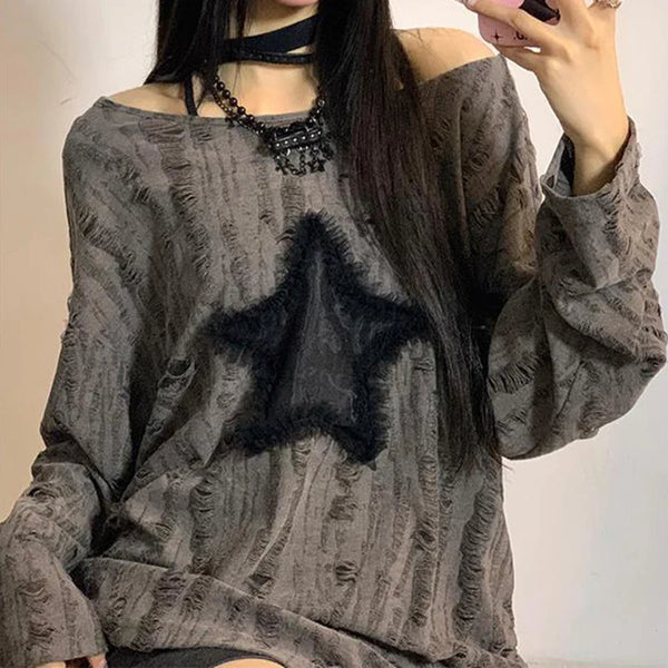 Ripped Radiance Five-Point Long-sleeved T-Shirt