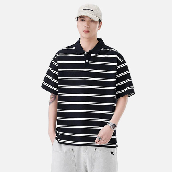 Artistic Stripe Sport-Collar Short Sleeve T-Shirt
