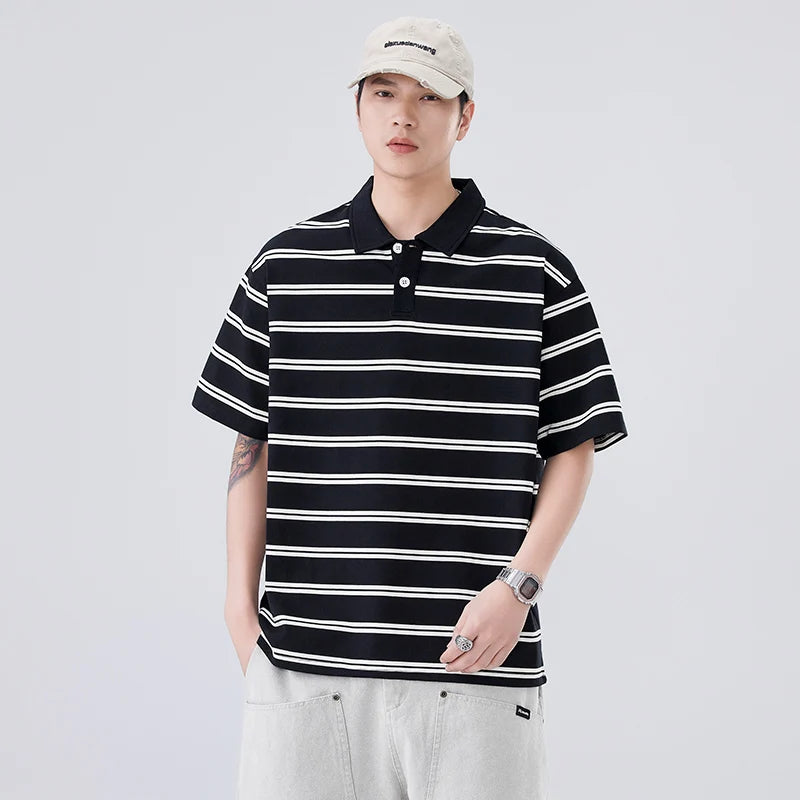 Çizgili Polo Yaka Tişört, önden görünüm — Navra Wear