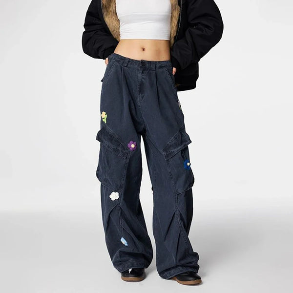 Floral Embroidered Relaxed Straight Street Pants