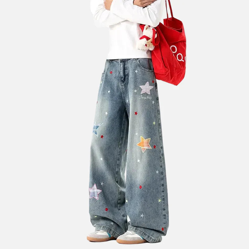 Baggy Yıldız Baskılı Jean Pantolon, önden görünüm — Navra Wear