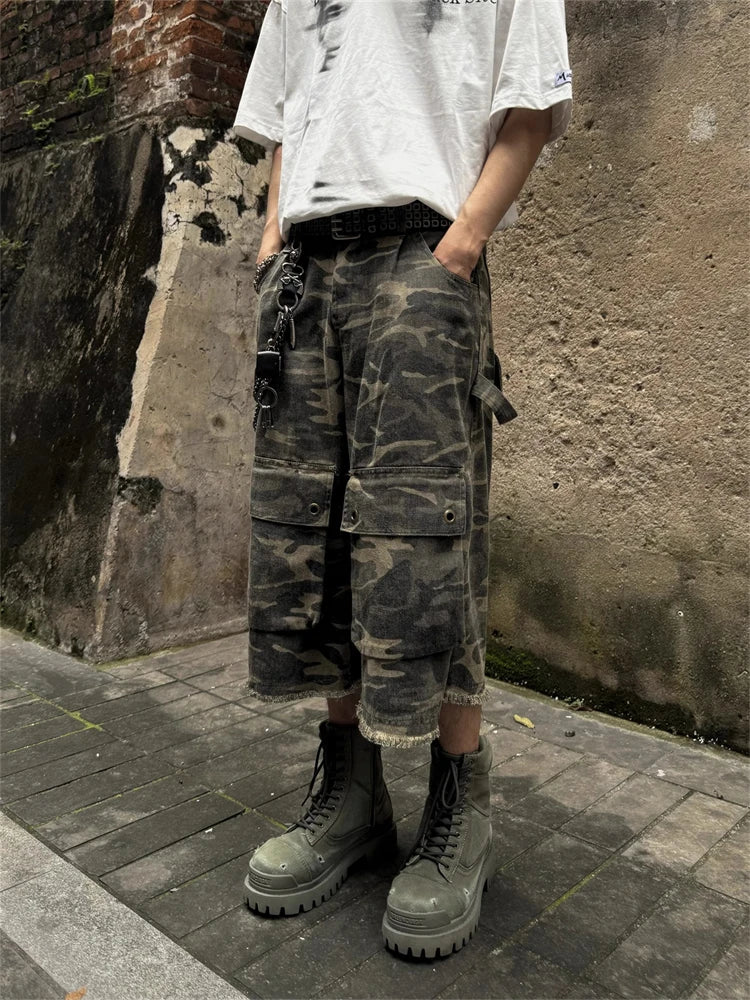 Camo Utility Cropped Denim Shorts