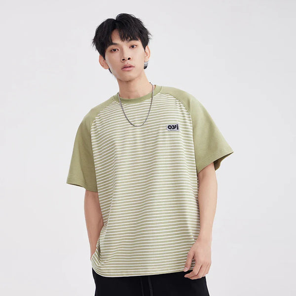 High-Quality Bar-Print Splice Unstructured Laid-Back Warm-Season T-Shirt