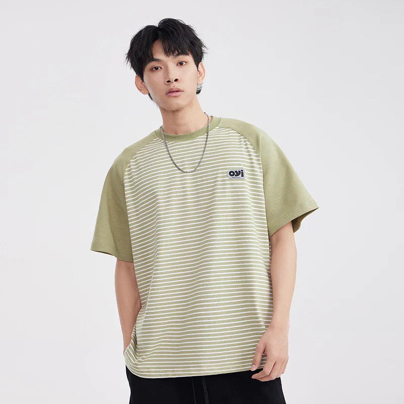High-Quality Bar-Print Splice Unstructured Laid-Back Warm-Season T-Shirt