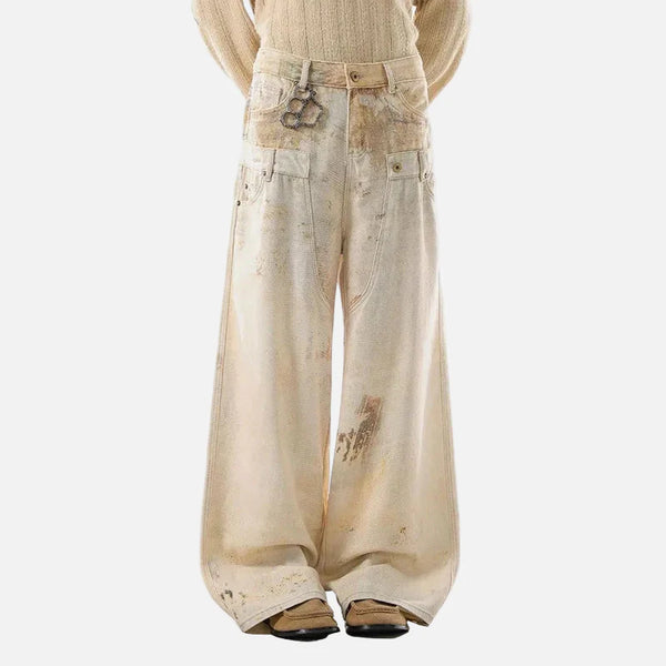 Western Style Double Waistband Dirty Dying Denim