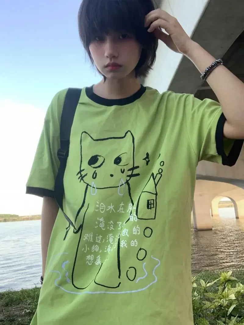 Y2K Kedi Baskılı Tişört, önden görünüm — Navra Wear