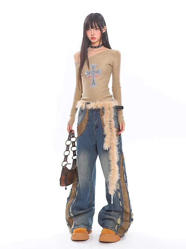 Classic Mosaic Leather Studded Faded Denim