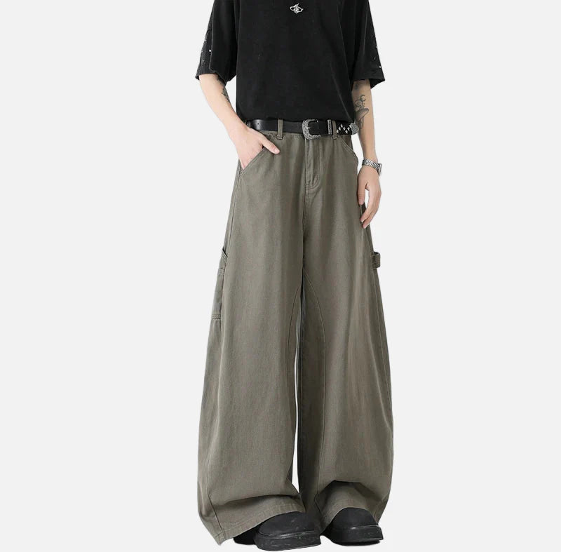 Durable Oversized Brown Utility Bell Leg Denim