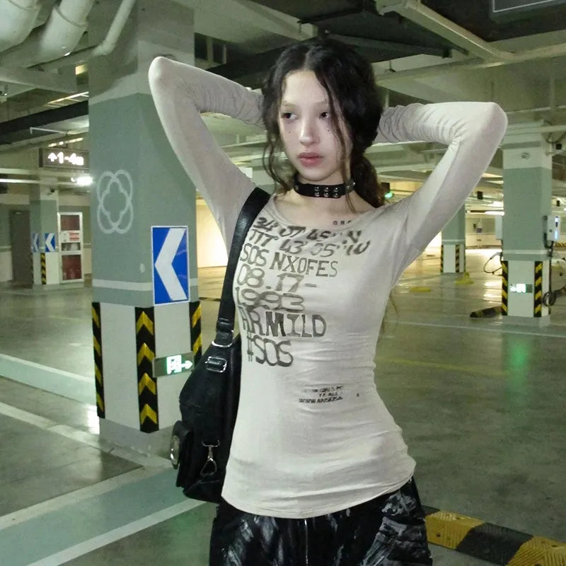 Turn-Of-Era Soft Girl Latitude Print T-Shirt