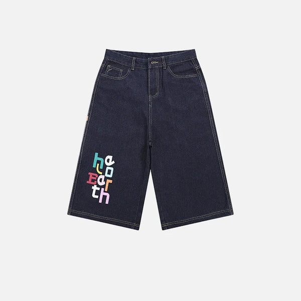Heritage Letter Print Wide Leg Rinse Denim Shorts
