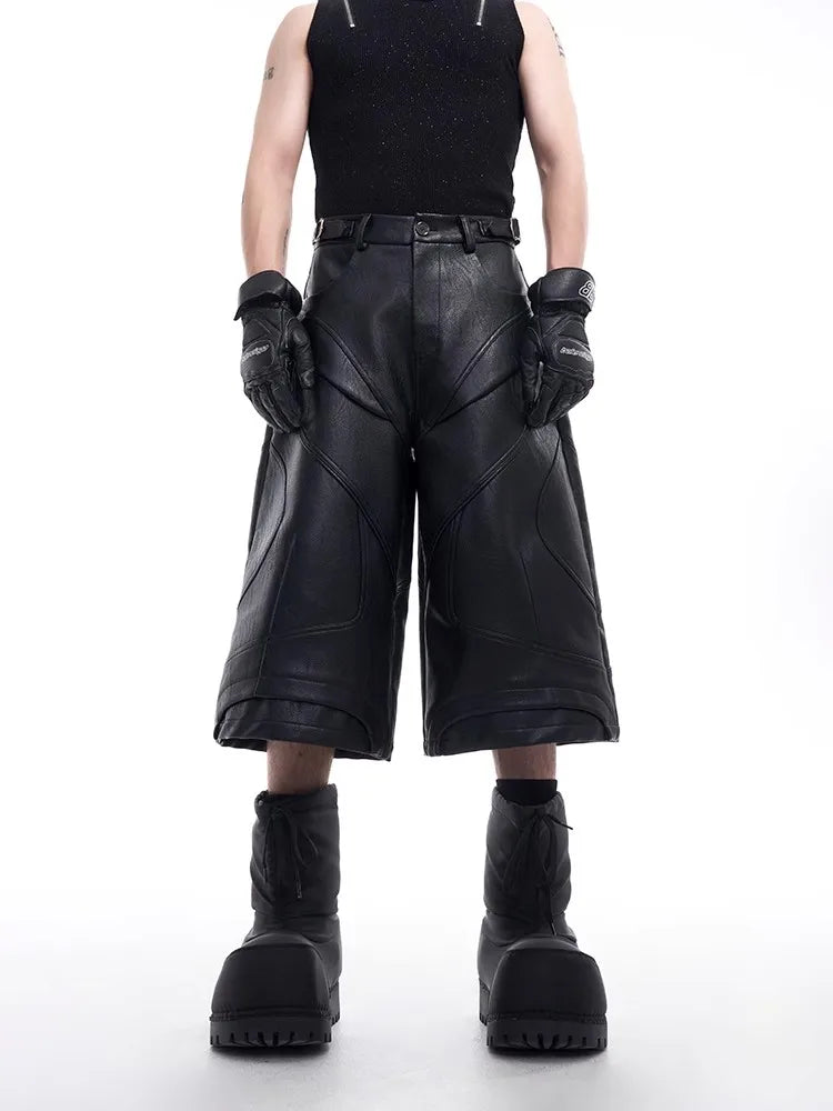 Sharp Black PU Leather Knee Denim Shorts