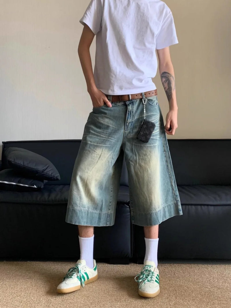 Rinse Blue Wide Leg Denim Shorts