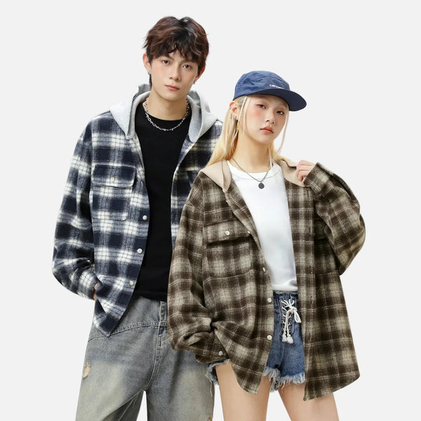 Flannel Hood Colorblock Plaid Oversized Top
