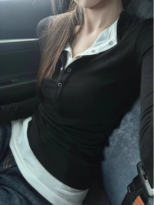 Buttoned Layered Long-Sleeve T-Shirt