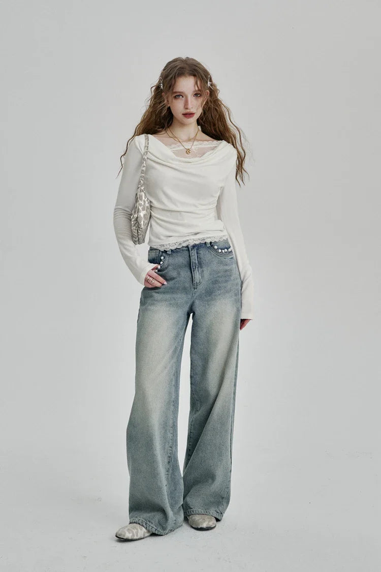 Neck Round Pleated Lace White T-Shirt