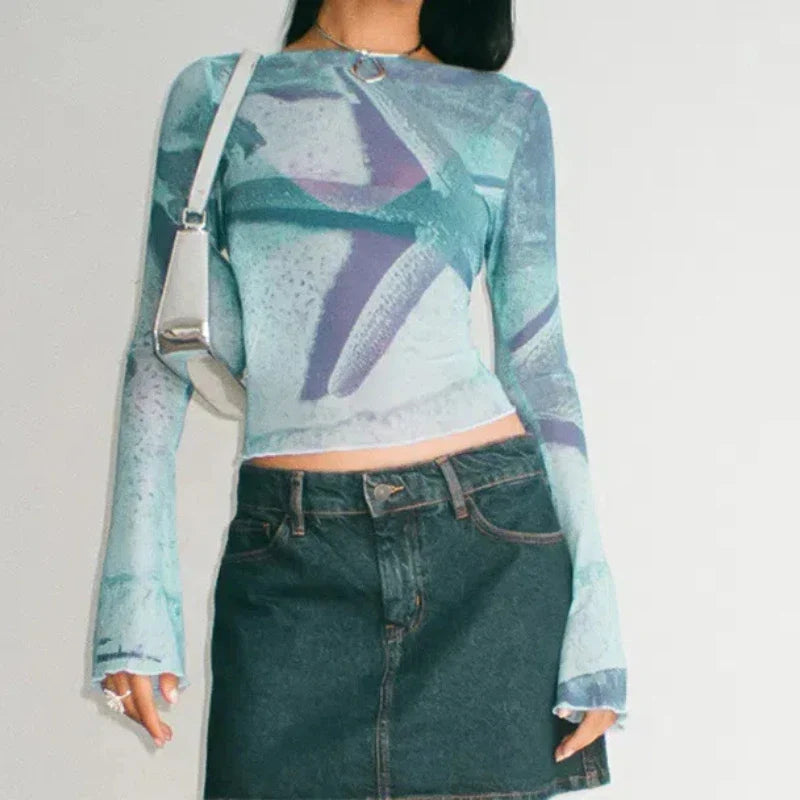 Women Blue Flare Sleeve Cropped T-Shirt