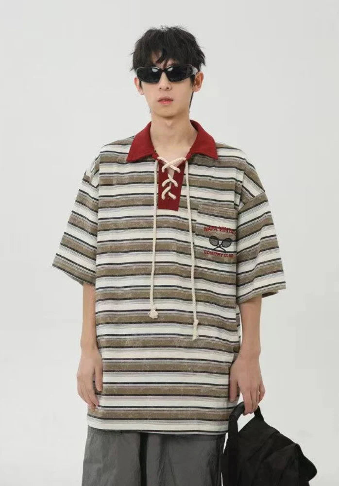Time-Worn Multi-Stripe Spliced Lace-Up Collar-Knit T-Shirt