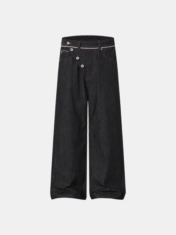 Asimetrik Düğmeli Jean Pantolon, arka görünüm — Navra Wear