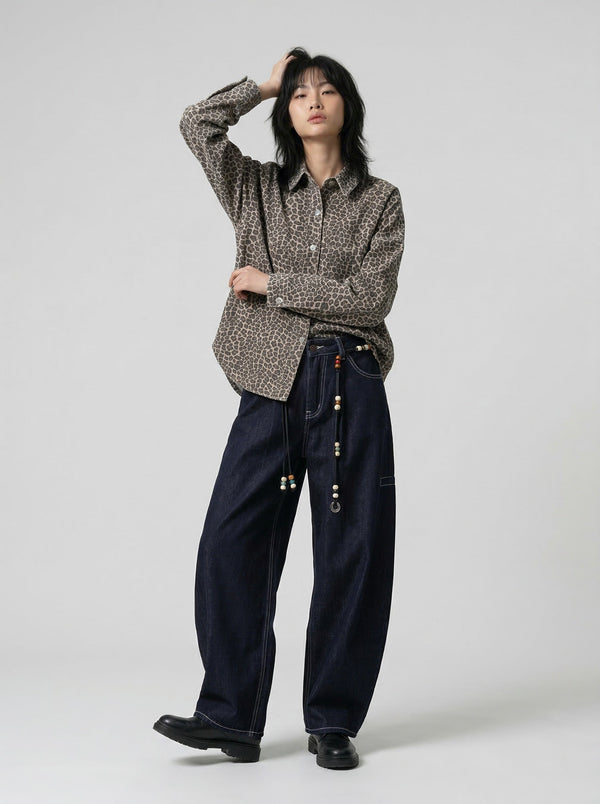 Indigo Beaded Bell-Leg Denim Trousers