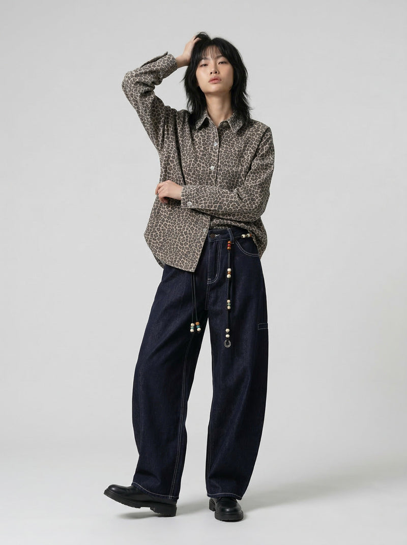 Indigo Beaded Bell-Leg Denim Trousers