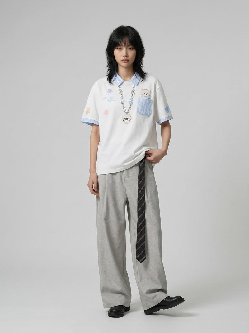 Gingham Contrast Artwork Placket-Neck Shirt