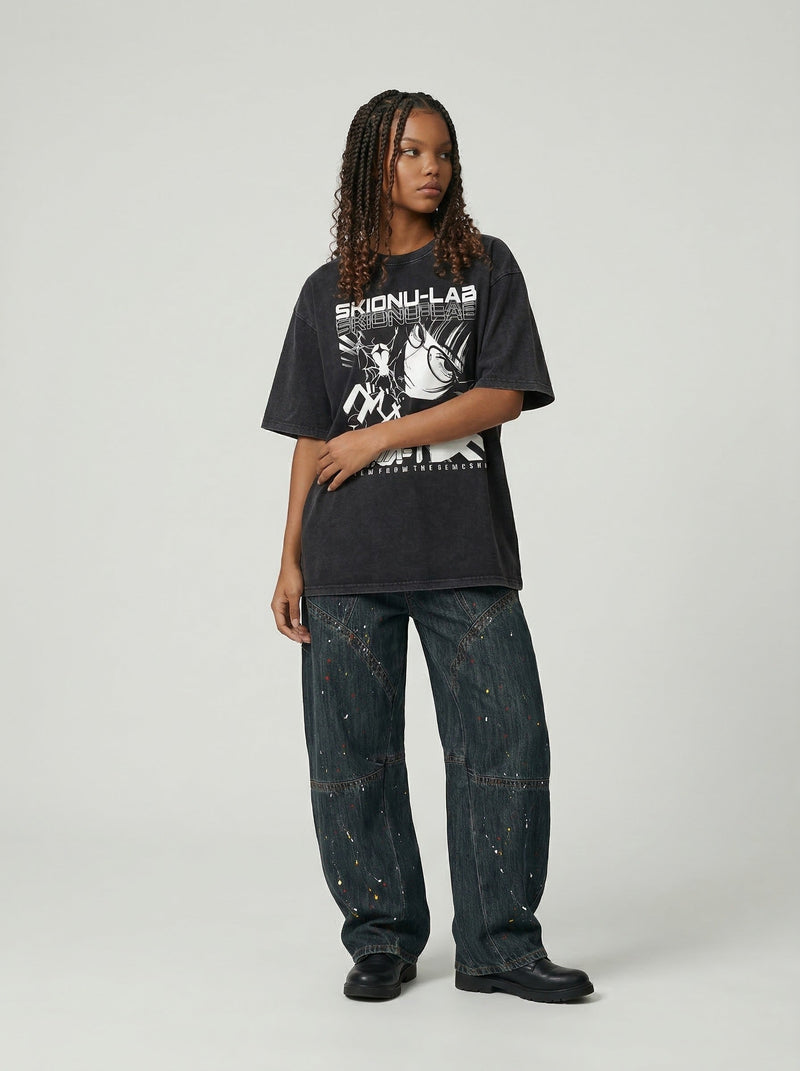 Faded-Wash Black Otaku-Style Designed T-Shirt