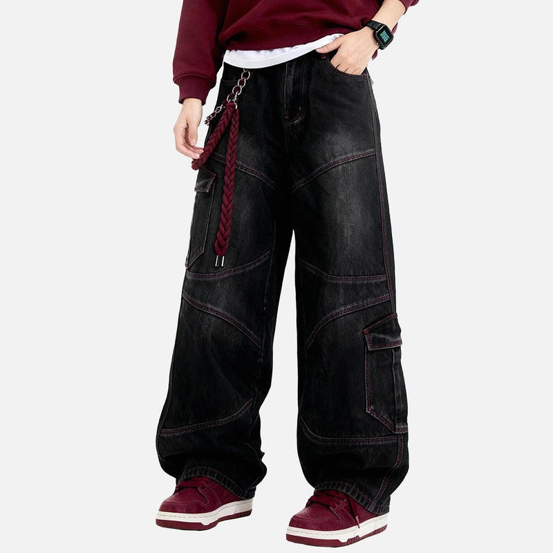 DAXUEN Baggy cargo jeans in washed black denim with red stitching