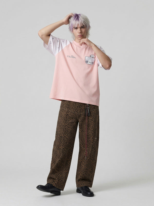 Feline Head Print Drop-Shoulder T-Shirt