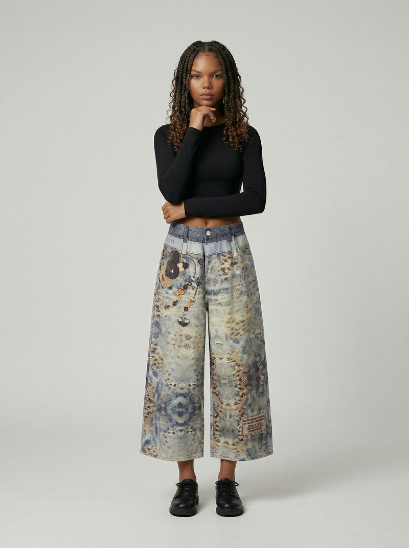 Digital Print Cropped Wide-Leg