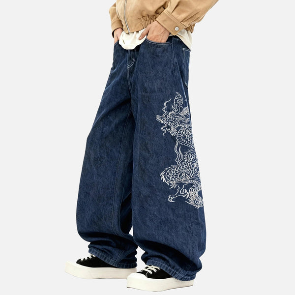 Baggy Ejderha Baskılı Jean Pantolon, önden görünüm — Navra Wear