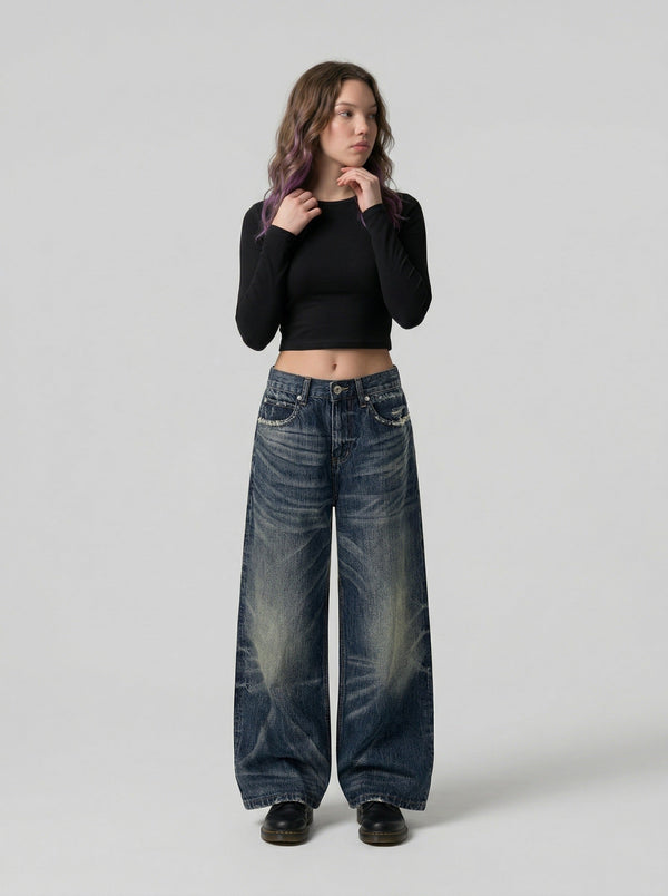 Faded Bell-Leg Denim — Relaxed Trousers