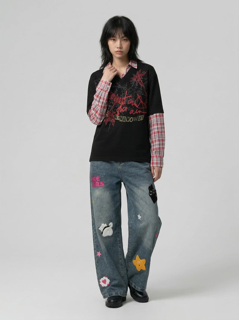 Sleeve Long Plaid Layered Top