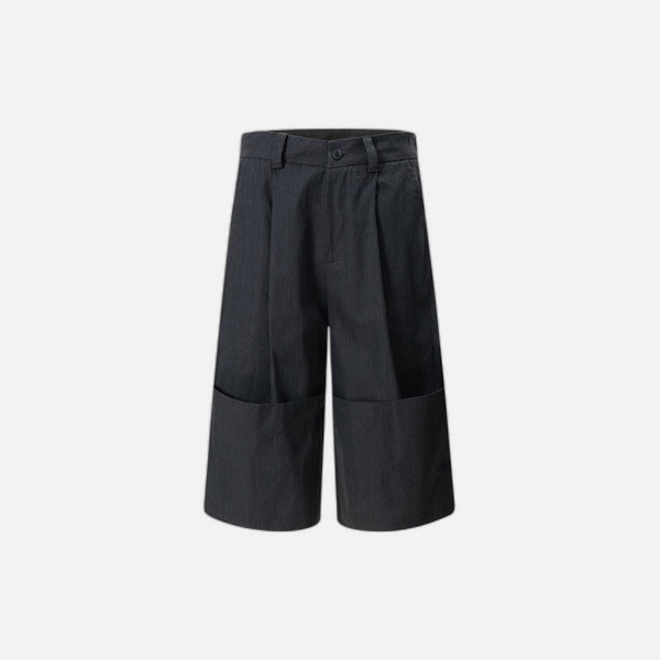 Flanging Distinctive Plain Tone Wide Denim Shorts
